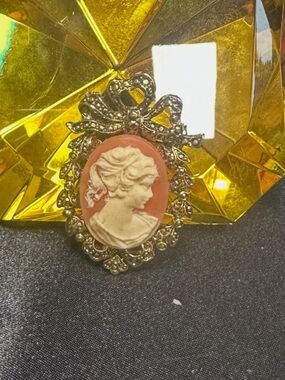 Vintage Cameo Portrait Brooch - Coral and Cream